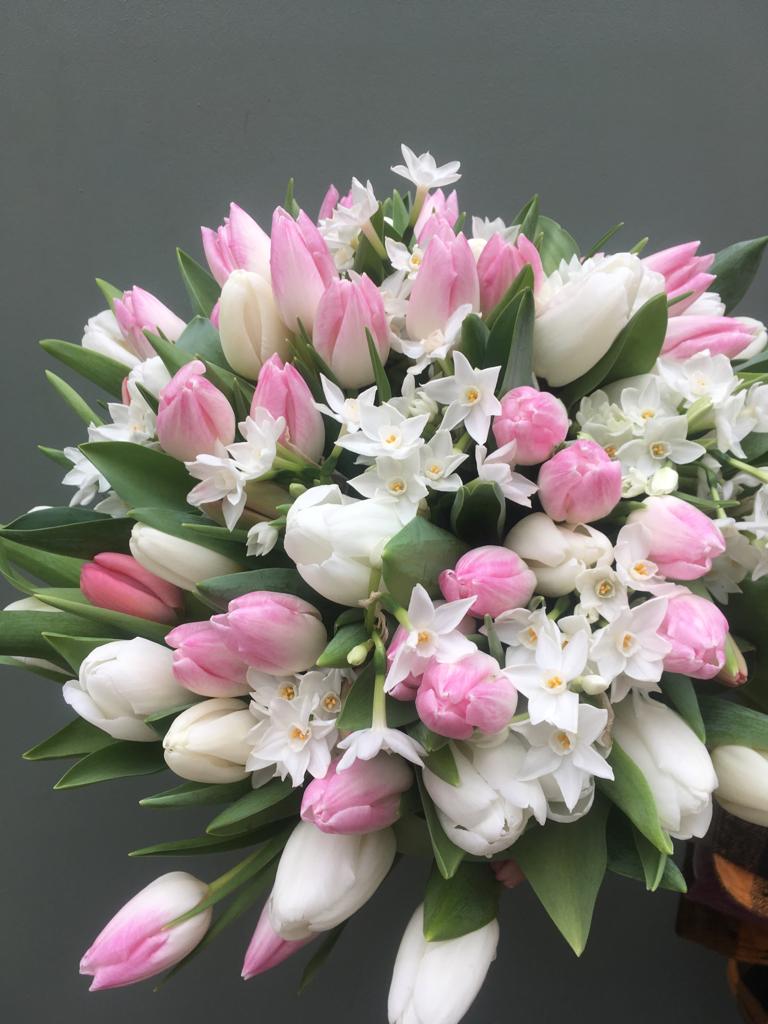 Photo showing a sample of a Tulip-and-narcissi-spring-bouquet- available at Kensington Flowers London