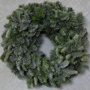 Photo showing a sample of a fresh plain blue pine wreath ready to decorate available to order from Kensington flowers London