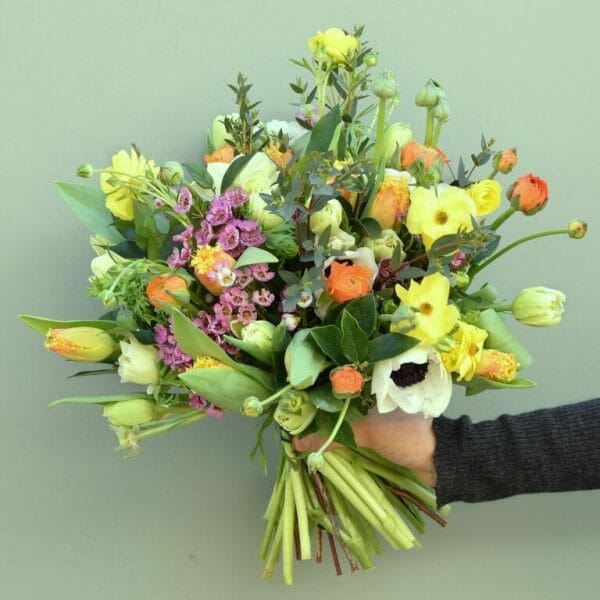 Mix-colour-spring-flower-bouquet available from Kensington flowers London