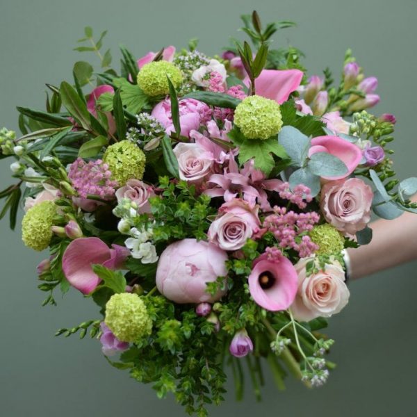 Photo showing a Seasonal rose and peony flower bouquet pink shades colour choice Kensington flowers