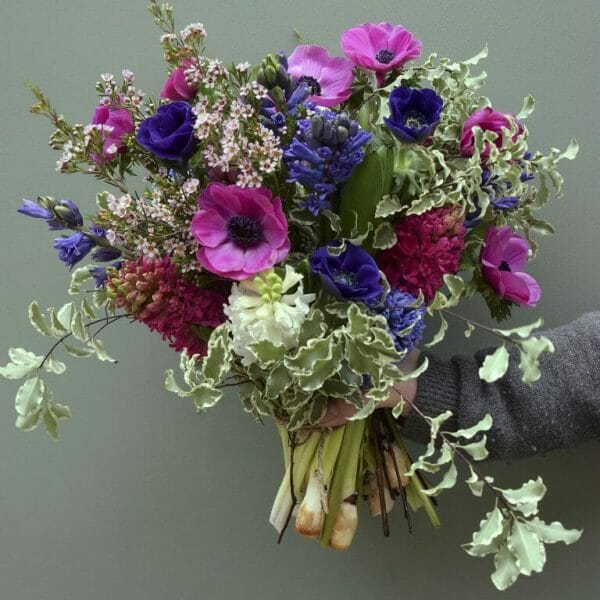 Spring flower bouquet of mixed colours, available to order from Kensington flowers, London