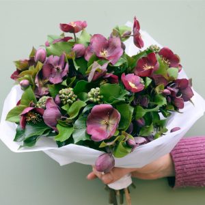 Photo showing a sample of a seasonal florist choice bouquet of hellebores available to order from Kensington Flowers London